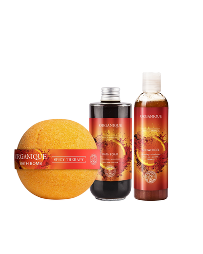 Zestaw Spicy Therapy, Kula do kąpieli + Nektar do kąpieli + Żel pod prysznic