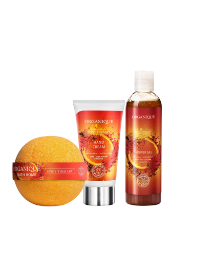Zestaw Spicy Therapy, Kula do kąpieli + Krem do rąk + Żel pod prysznic